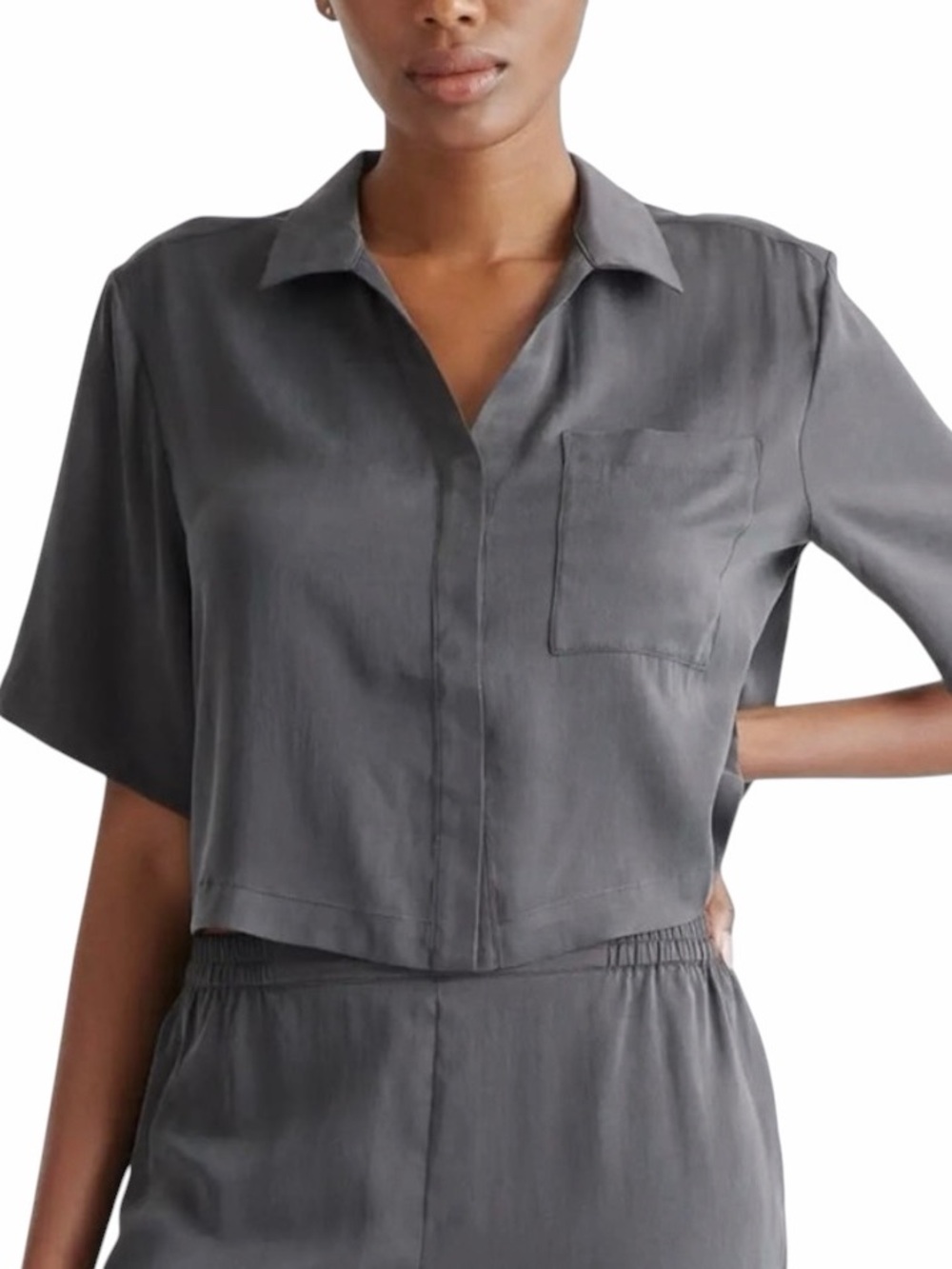 Quince Washable Silk Button Up Top in Charcoal Size M